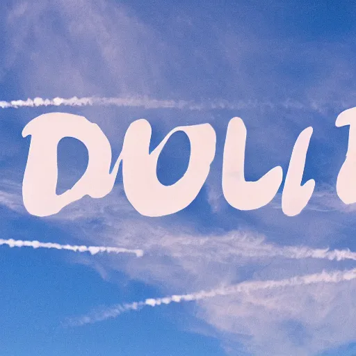 Prompt: the word 'DOUGH' written across the sky with airplane cloud trails