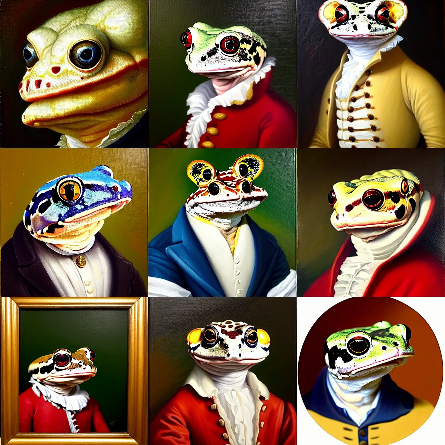 Prompt: a head and shoulders portrait painting of an anthropomorphic!!!!!!!!!! amazon milk frog!!!!!!!!!! wearing a colonial outfit without a hat looking off camera, a character portrait, romanticism, oil on canvas, thick brushstrokes, intense color