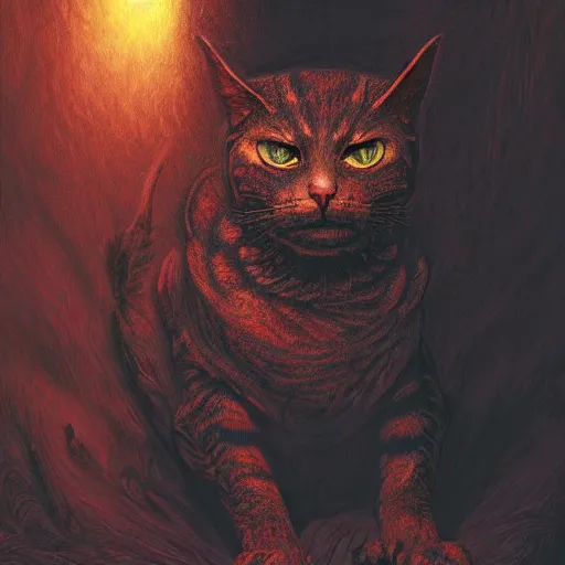 Image similar to photorealistic demonic cat in the style of michael whelan and gustave dore. hyperdetailed photorealism, 1 0 8 megapixels, amazing depth, glowing rich colors, powerful imagery, psychedelic overtones, 3 d finalrender, 3 d shading, cinematic lighting, artstation concept art