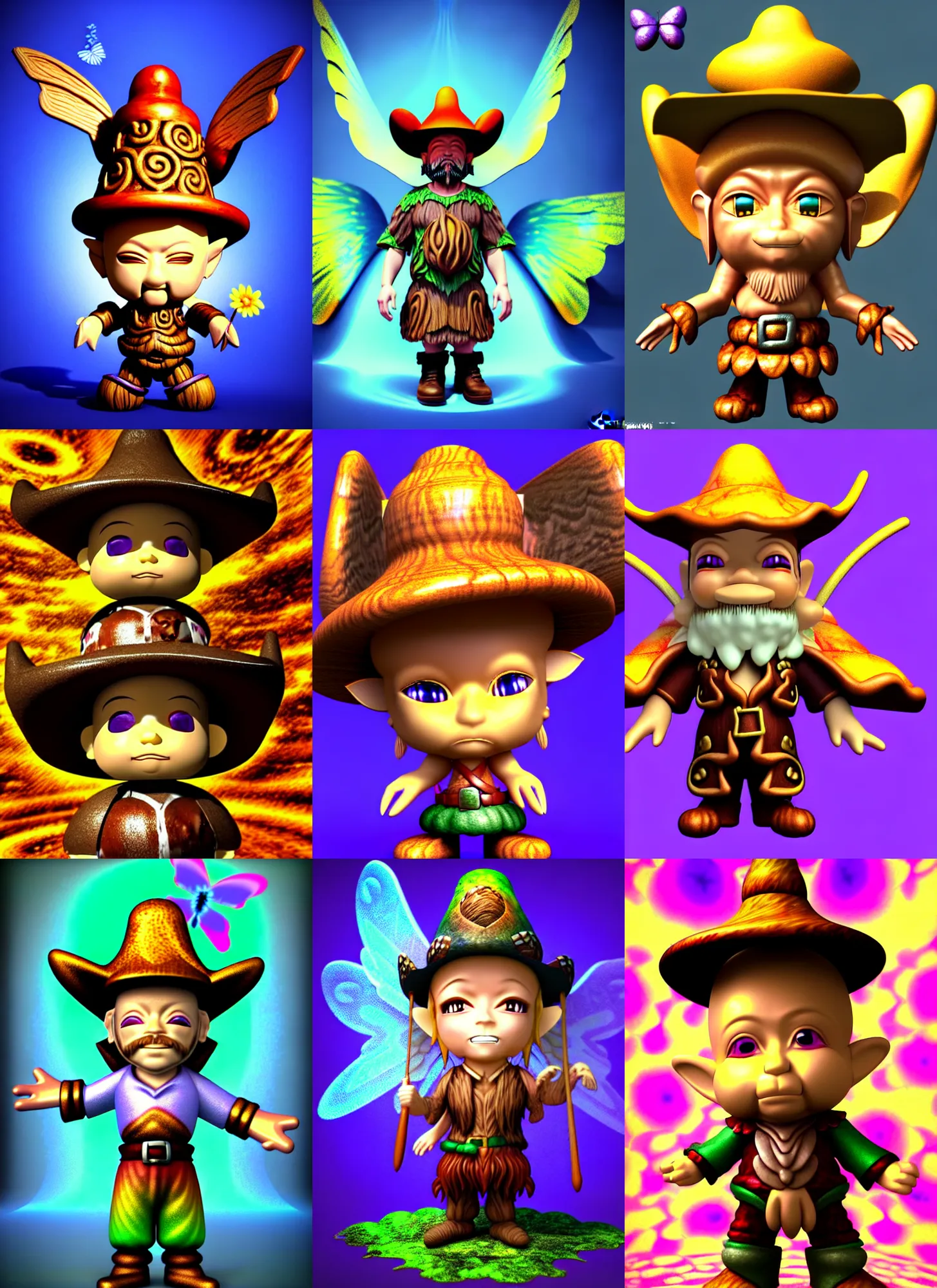 Prompt: 3d render of chibi fantasy wood dwarf by Ichiro Tanida wearing a big cowboy hat and wearing angel wings against a psychedelic swirly background with 3d butterflies and 3d flowers n the style of 1990's CG graphics 3d rendered y2K aesthetic by Ichiro Tanida, 3DO magazine