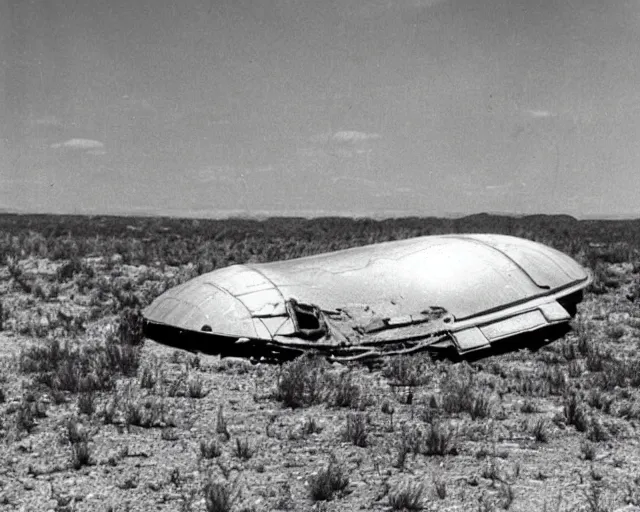 Prompt: a sophisicated alien spacecraft, crashed in roswell, 1947, early black and white photo, yellowed with age, cdx