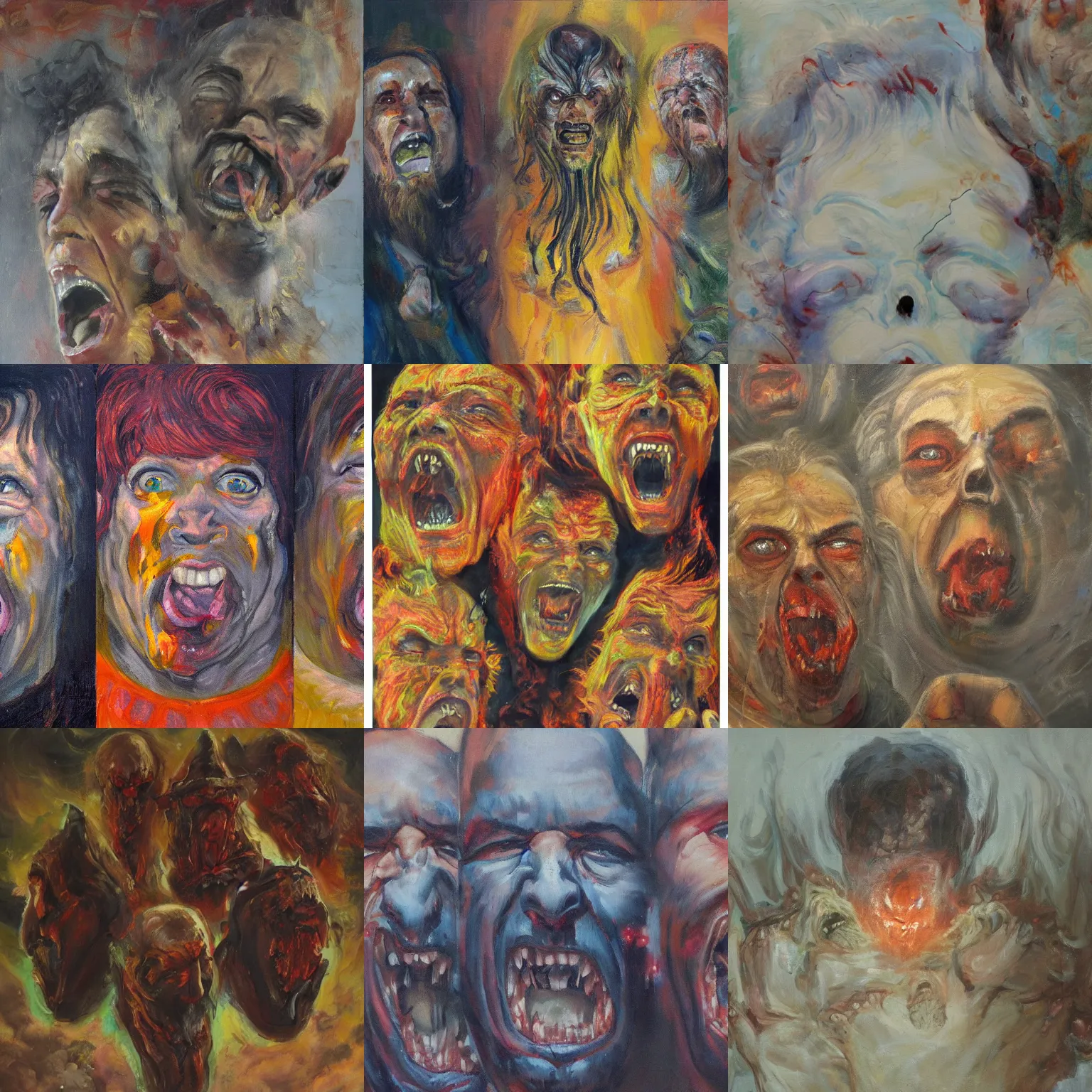 Prompt: portrait from hell, 3 john candies screaming in anguish, fire and brimstone, oil on canvas by sidney mount, trending on artstation