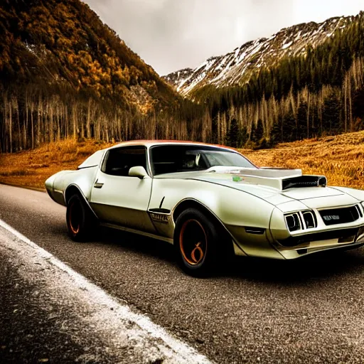 Image similar to pontiac firebird trans - am driving towards the camera, norway mountains, cinematic, volumetric lighting, foggy, wide shot, low angle, large lightning storm, thunder storm, tornado