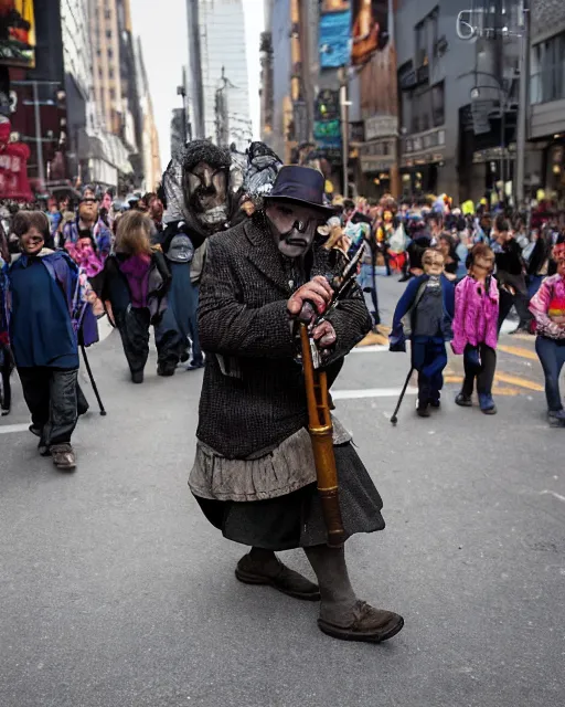 Image similar to mysterious man dressed as the pied piper of hamelin plays his cane pipe, as thousands of children march behind him thru the streets of downtown nyc, cinematic, supernatural, bokeh