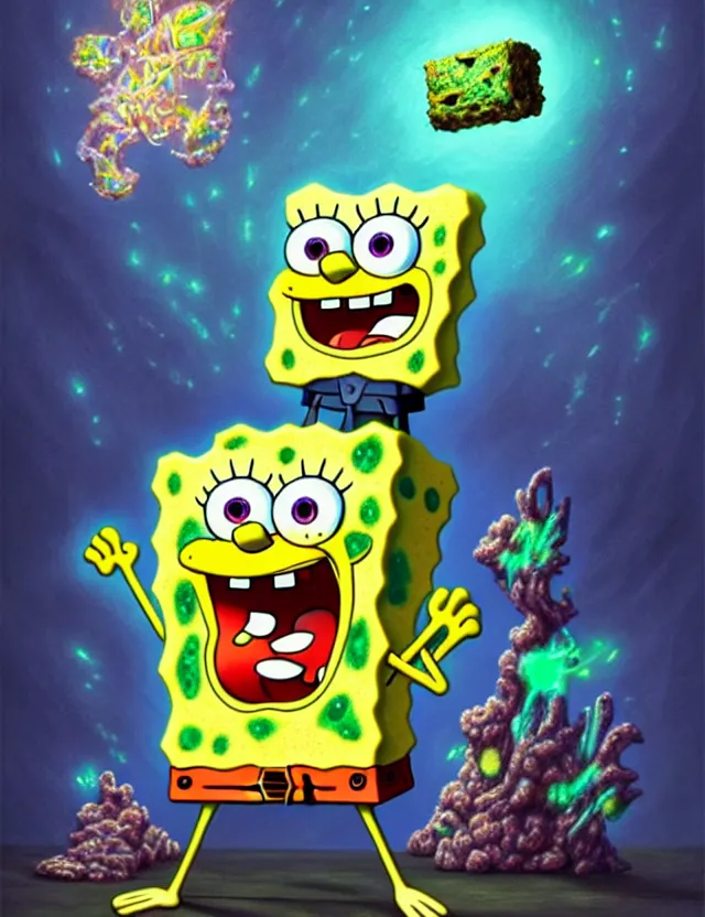 Image similar to front shot of spongebob smoking weed with elon musk, hyperdimensional, bioluminescent hypercubes, crystalline!!! holography!!!, (((intricate))), elegant, highly detailed, centered, (((artstation, concept art, smooth, sharp focus, artgerm, Tomasz Alen Kopera, Peter Mohrbacher, donato giancola, Joseph Christian Leyendecker, WLOP, Boris Vallejo))), mugshot!!!!!, ugly!!!!!!, octane render, nvidia raytracing demo, grainy, muted, 8K, digitalblasphemy