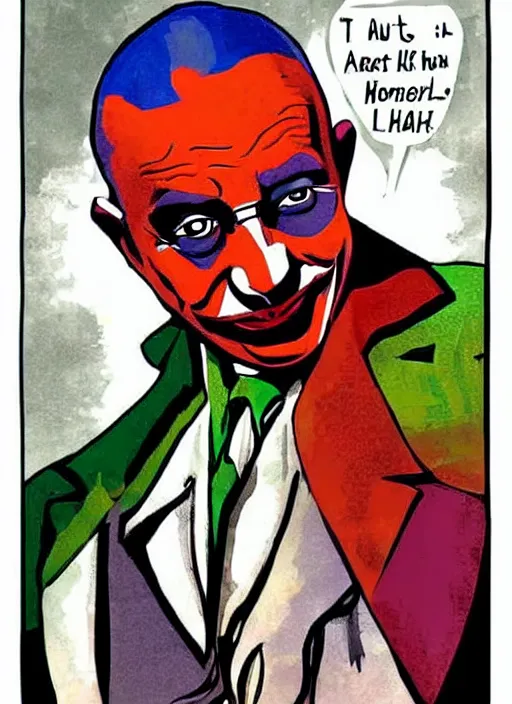 Image similar to Ghandi as the Joker from batman, comic book cover art, bright colourful, detailed, slightly sinister