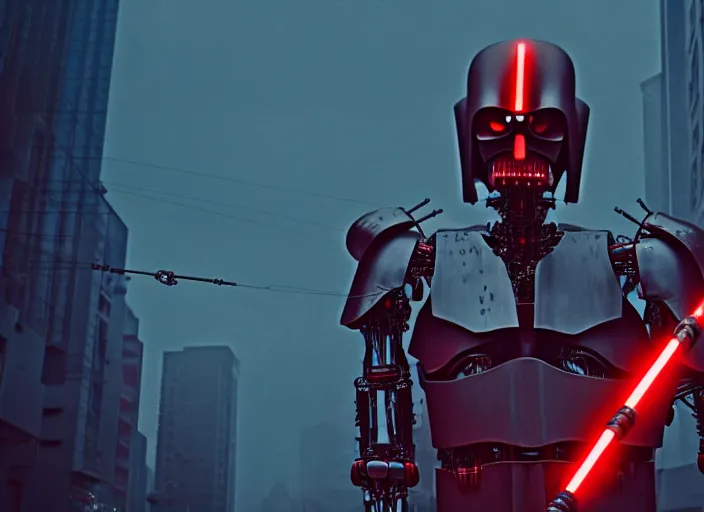 Image similar to 3 5 mm portrait photo of amgry general grievous with heavy duty biomechanical cybernetic body with 4 arms holding 4 activated red lightsabers in the city in the rain. cyberpunk horror style.