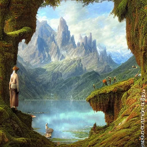 Image similar to a beautiful and highly detailed matte painting of a beautiful lake deep in the mountains, intricate details, epic scale, insanely complex, 8 k, sharp focus, hyperrealism, very realistic, by caspar friedrich, james gurney, brian froud,