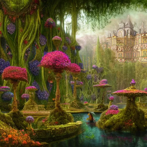 Image similar to a beautiful and highly detailed matte painting of a beautiful palace in a magical fantasy forest garden, colorful flowers and trees, psychedelic vegetation, epic scale, insanely complex, hyperdetailed, sharp focus, hyperrealism, artstation, cgsociety, 8 k, bright colors, by caspar friedrich, albert bierstadt, james gurney, brian froud,