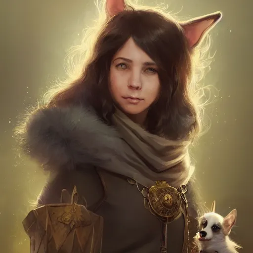 Prompt: human female warlock with adorable corgi companion, d & d character art, hyperrealistic, extremely detailed digital illustration, fantasy, magical, arcane, mystical, greg rutkowski, artgerm, trending on artstation, award - winning, 8 k