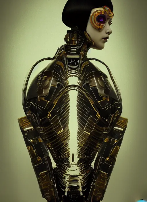 Image similar to portrait of a futuristic geisha cyborg, in the style of ghost in the shell, kintsugi, modern fine art, fractal, intricate, elegant, highly detailed, digital photography, subsurface scattering, by jheronimus bosch and greg rutkowski,