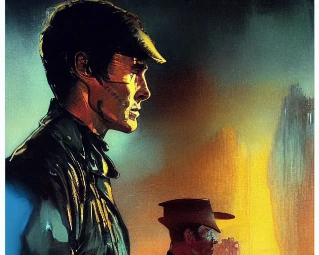 Image similar to 2 0 1 8 blade runner movie very very young clint eastwood in his youth western look at the cityscape from roof perfect face fine realistic face pretty face reflective polymer suit tight neon puffy jacket blue futuristic sci - fi elegant by denis villeneuve tom anders zorn hans dragan bibin thoma greg rutkowski ismail inceoglu illustrated sand storm alphonse mucha