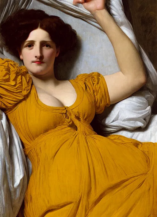 Image similar to masterpiece portrait of lady reclining on bed wearing yellow ochre ornate medieval dress, vertical, foreshortening, colour photography by frederic leighton, william morris, 8 k