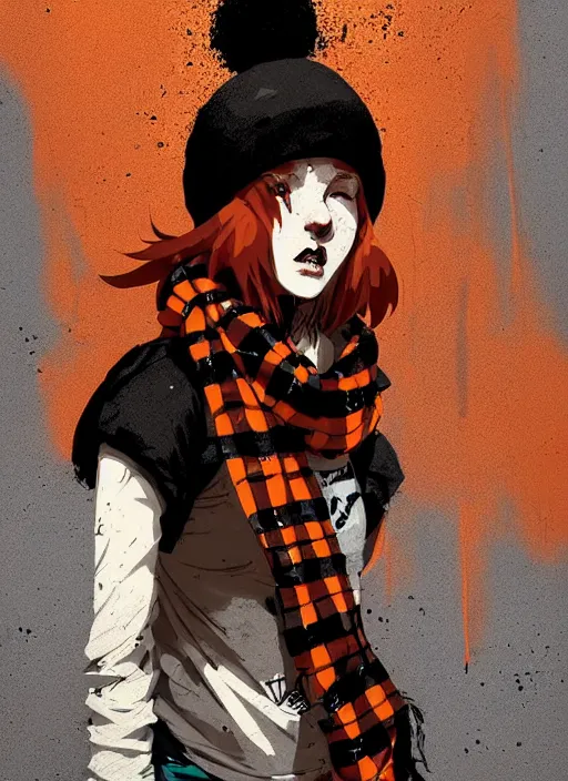 Image similar to highly detailed portrait of a sewer punk lady student, freckles, beanie, tartan scarf, ginger hair by atey ghailan, by greg rutkowski, by greg tocchini, by james gilleard, by joe fenton, by kaethe butcher, gradient, orange, black, brown and cream color scheme, grunge aesthetic!!! white graffiti tag wall background