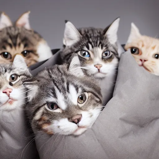 Prompt: a highly detailed photo of multiple furry cats inside a big sack, gray background, studio lighting, 4 k, 8 k