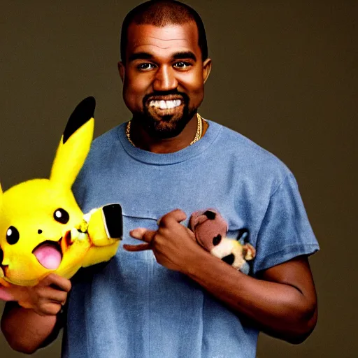 Image similar to kanye west smiling holding pikachu for a 1 9 9 0 s sitcom tv show, studio photograph, portrait c 1 2. 0