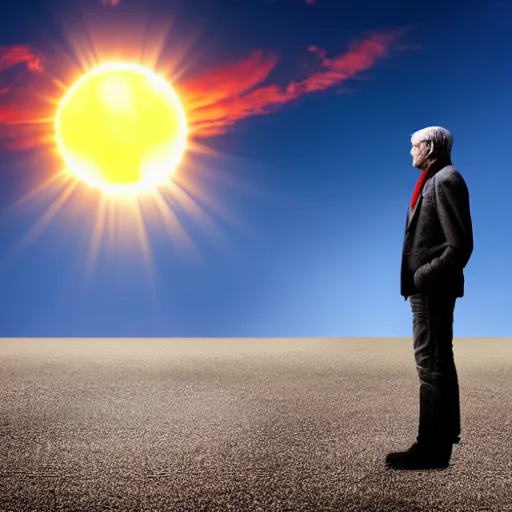 Prompt: a fearful man standing with the world in his pockets and the sun above his head