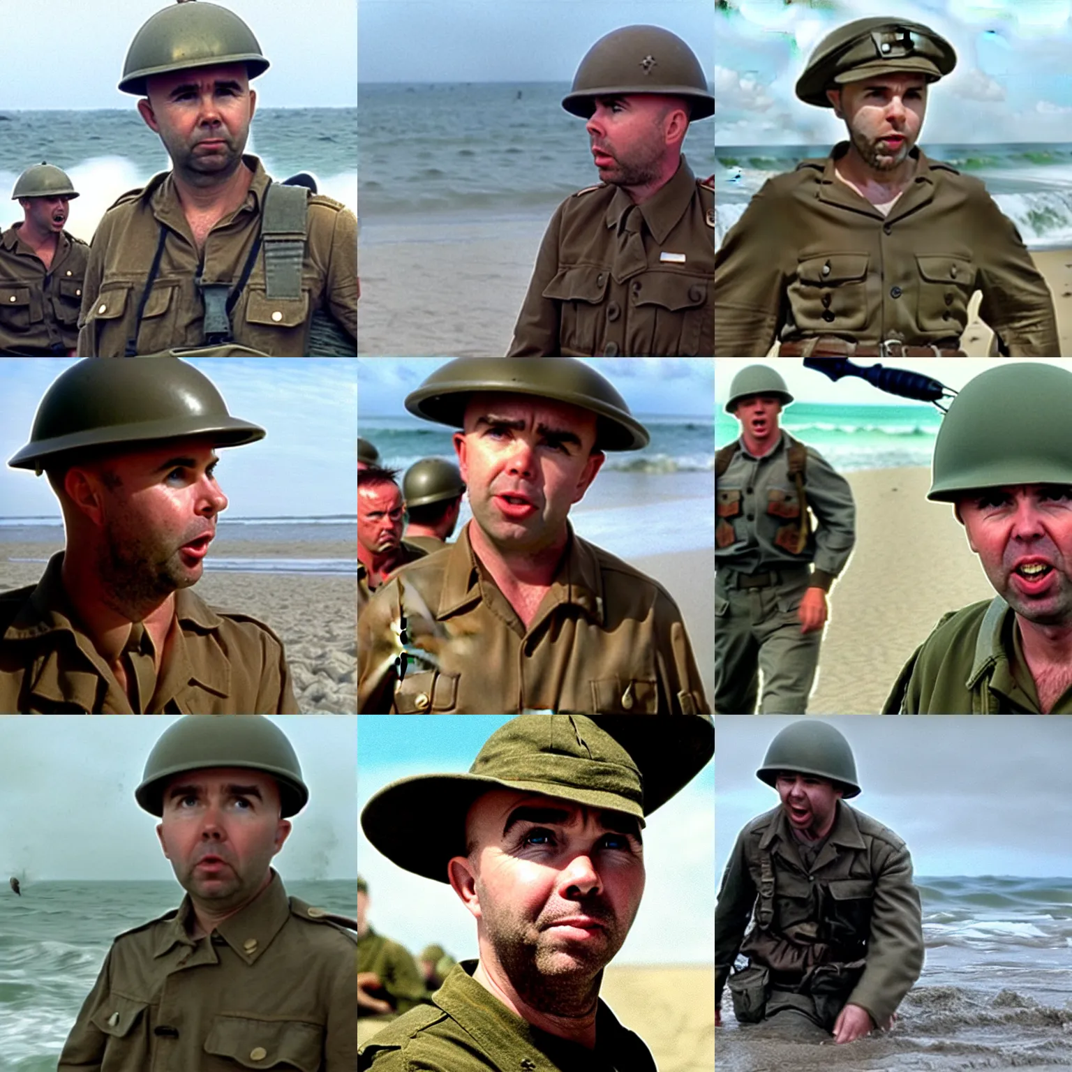 Prompt: Karl Pilkington storming the beach in Saving Private Ryan