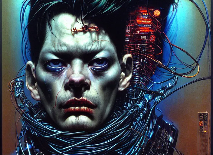 Prompt: dark cyberpunk ugly, a lot of cables on body, by francis bacon, by ayami kojima, by amano, by karol bak, greg hildebrandt, by mark brooks, by alex grey, by zdzisław beksinski, by takato yamamoto, radiant colors, ultra detailed, high resolution, wrapped thermal background