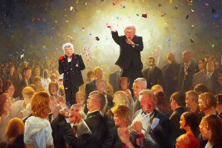 Image similar to portrait of rip taylor throwing confetti during a funeral service, an oil painting by ross tran and thomas kincade