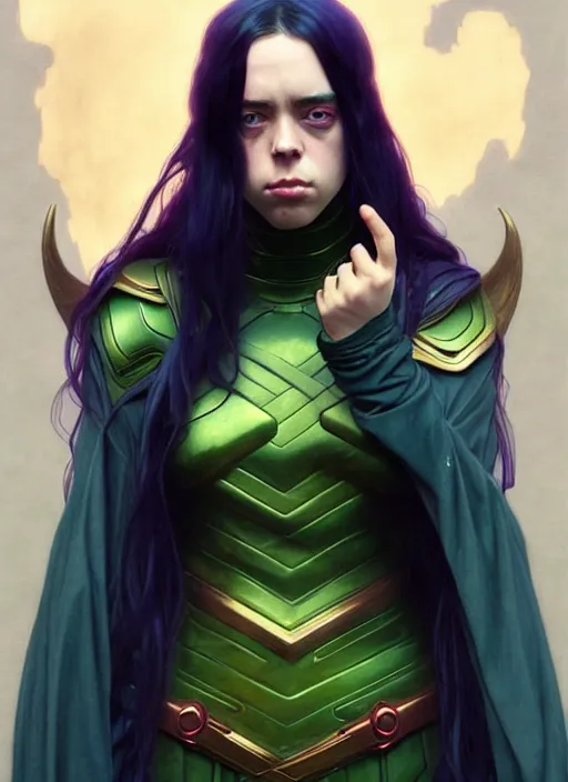 Image similar to Billie Eilish as Female Loki, very detailed, digital art, trending on artstation, concept art, smooth, illustration, art by artgerm and greg rutkowski and alphonse mucha and Edmund Blair Leighton and Katsuhiro Otomo and Geof Darrow and Phil hale and Ashley wood