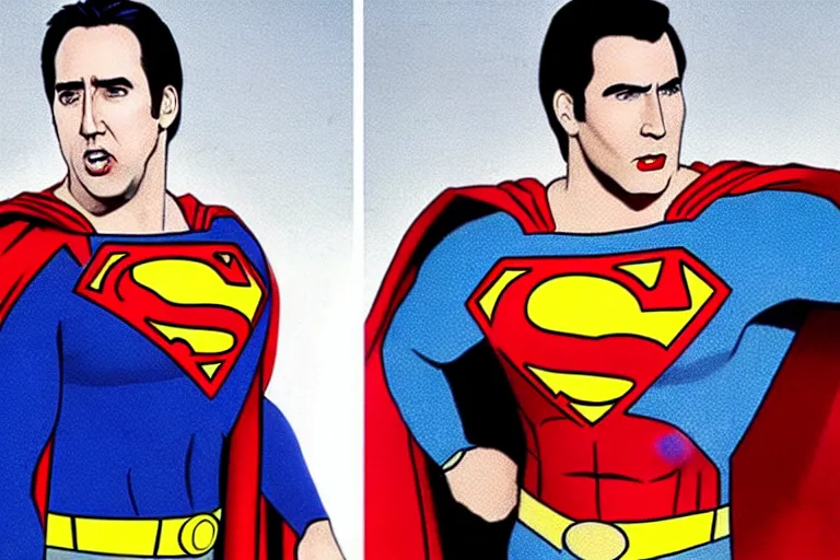 Prompt: nicholas cage as superman in the 1 9 9 0's, superhero film