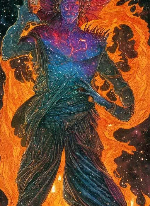 Image similar to high intricate colored ink drawing of the sandman holding a glimmering fire - galaxy, full shot, neil gaiman, maria panfilova, andrea savchenko, mike kime, ludovic plouffe, qi sheng luo, oliver cook, julian calle, eddie mendoza, trending on artstation