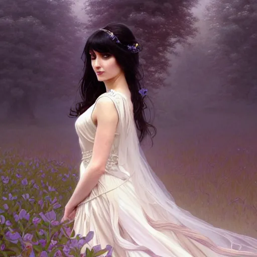 Image similar to a beautiful girl with dark hair and bangs, wearing a wedding dress, royal gardens background, fantasy, intricate, elegant, highly detailed, digital painting, artstation, concept art, matte, sharp focus, illustration, art by Artgerm and Greg Rutkowski and Alphonse Mucha