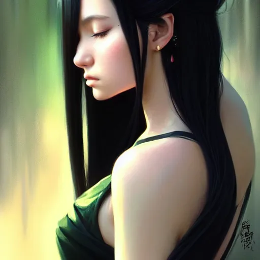 Image similar to a beautiful girl with long black hair, royal garden background, sharp focus, intricate, digital painting, artstation, highly detailed, ambient lighting, portrait by Rossdraws, artgerm, Ilya Kuvshinov, and Greg Rutkowski