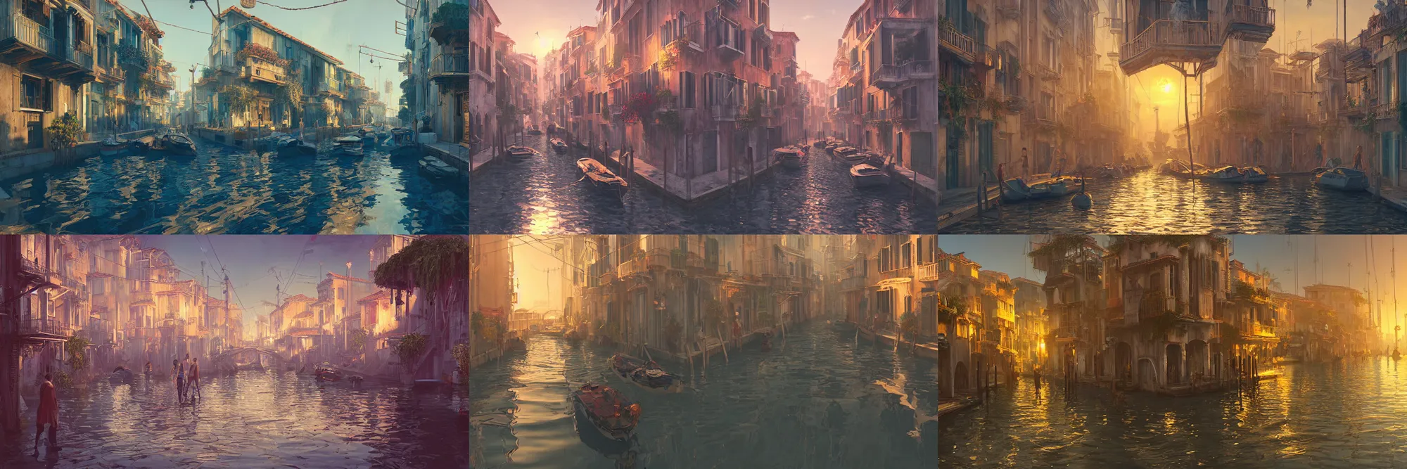 Prompt: Cyberpunk Venice canals in the style of Greg rutkowski. Golden hour