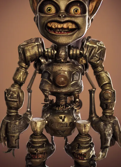 Prompt: closeup portrait of a tin toy mediedval goblin, depth of field, zeiss lens, detailed, symmetrical, centered, fashion photoshoot, by nicoletta ceccoli, mark ryden, lostfish, earl nore, hyung tae, frank frazetta, breathtaking, 8 k resolution, extremely detailed, beautiful, establishing shot, artistic, hyperrealistic, octane render