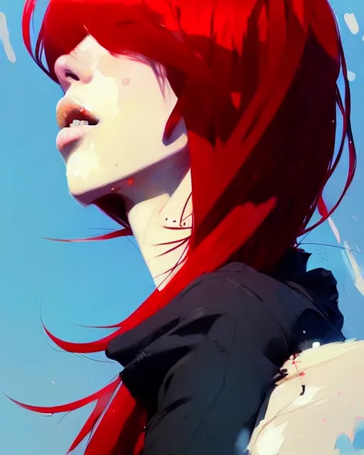 Image similar to a ultradetailed beautiful panting of a stylish woman with red bangs, by conrad roset, greg rutkowski and makoto shinkai, trending on artstation