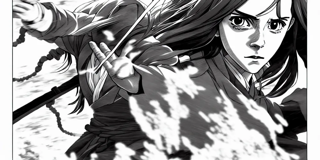 Image similar to a very detailed manga of emma watson in demon slayer manga panel, action lines, greg rutkowski, high resolution, dynamic pose, landscape, medium portrait, samurai outfit, action, hyper realistic, manga, koyoharu gotouge, sakuga