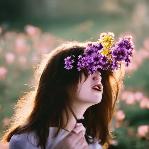 Prompt: , a photo of a beautiful lady with flowers coming out of her mouth 5 0 mm lens, f 1. 4, sharp focus, ethereal, emotionally evoking, head in focus, volumetric lighting, blur dreamy outdoor,