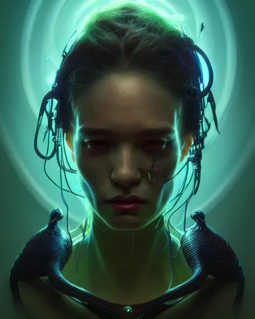 Image similar to portrait, bioluminescent creature, scifi horror, concept art, expressive, highly detailed, digital painting, cinematic lighting, hyperrealism, dark retrowave, art by stanley lau and artgerm and magali villeneuve and alphonse mucha, artstation, octane render, cgsociety