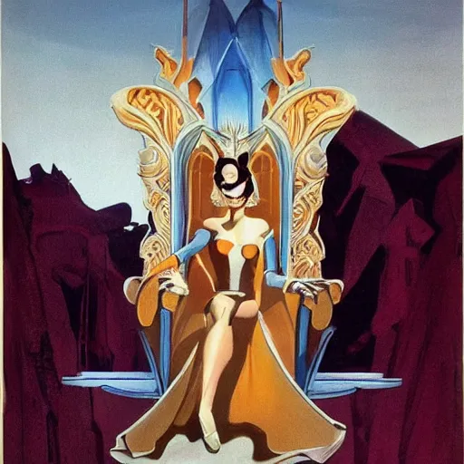 Prompt: an oil painting of a queen in a thierry mugler dress sitting on a throne, by bruce pennington, by ( ( ( eyvind earle ) ) ), nicholas roerich!!, by frank frazetta, by georgia o keeffe, by dean cornwell!!!, eerie, ominous, baghdad, oriental