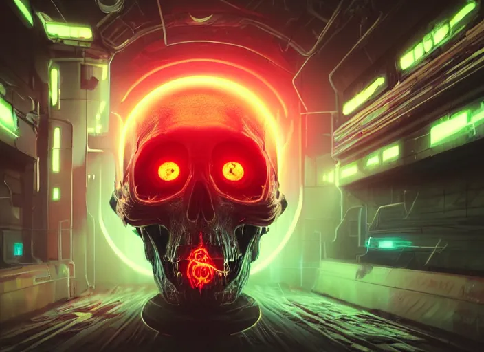 Image similar to a futuristic skull with glowing eyes and a wormhole tunnel, cyberpunk art by ross tran, behance contest winner, computer art, darksynth, synthwave, rendered in cinema 4 d