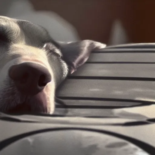 Prompt: close - up of a dog sleeping in a bed made of planets, sun rays, cinematic shot, photo still from movie by denis villeneuve