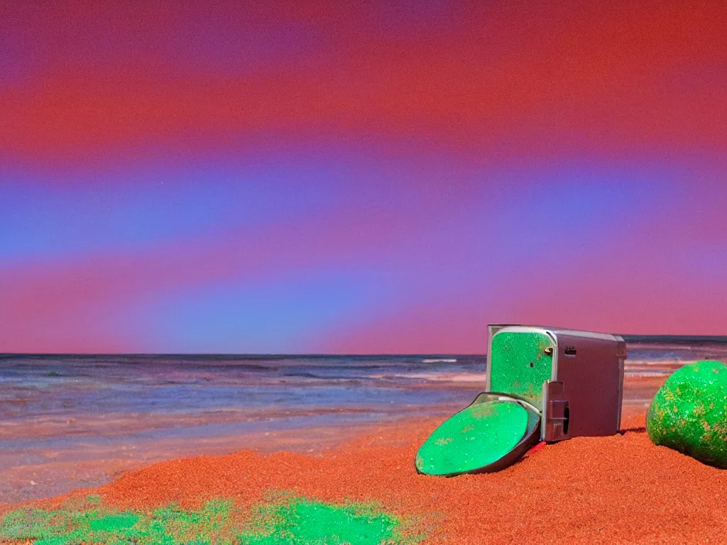 Image similar to purple refrigerator, red sand beach, green ocean, nebula sunset