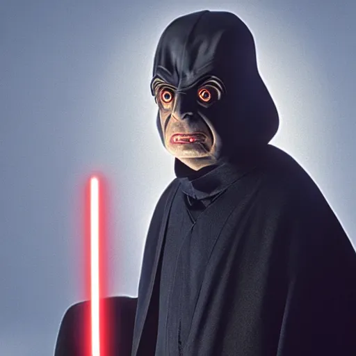 Image similar to mr. bean as darth sidious in star wars, film still, cinematic lighting, detailed
