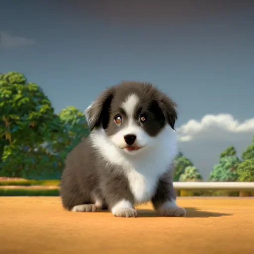 Image similar to a wholesome animation key shot of a gray black copper australian shepherd puppy, studio ghibli, pixar and disney animation, sharp, rendered in unreal engine 5, anime key art by greg rutkowski, bloom, dramatic lighting