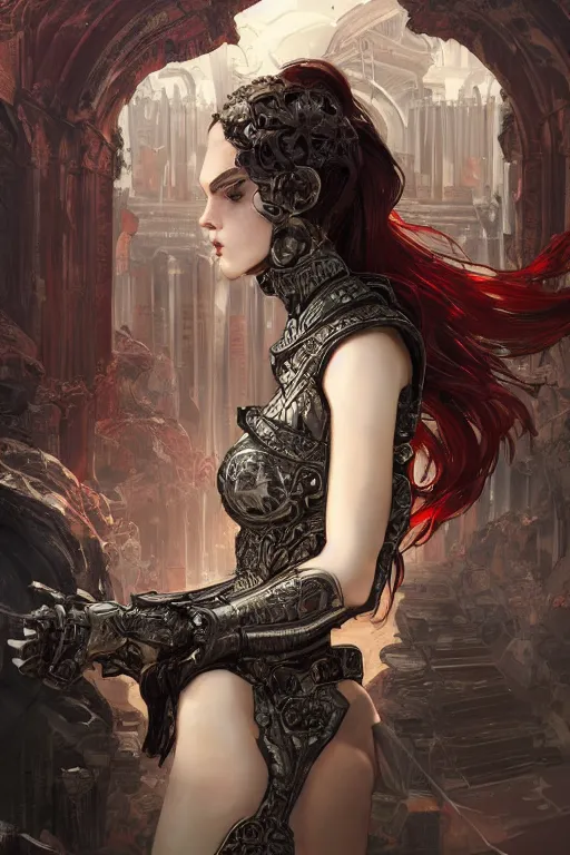 Prompt: portrait knights of Zodiac girl, metallic black and reddish reflected armor, in ruined Agora of Athens, ssci-fi, fantasy, intricate, very very beautiful, elegant, highly detailed, digital painting, artstation, concept art, smooth, sharp focus, illustration, art by WLOP and tian zi and alphonse mucha