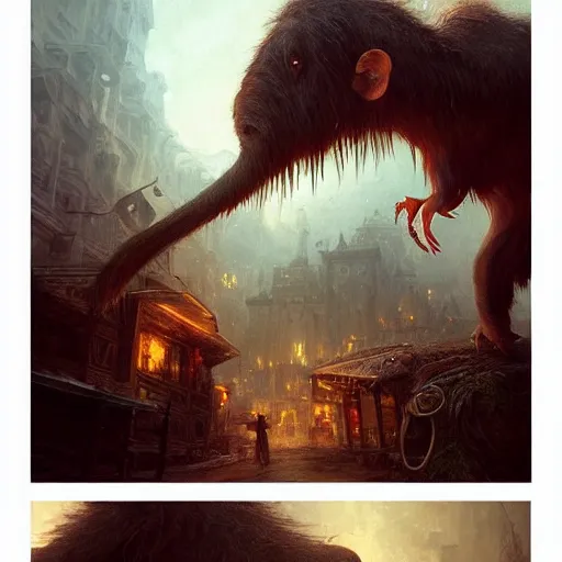 Prompt: “a giant rat in a creepy town getting attacked by a wooly mammoth, twilight, D&D, fantasy, intricate, cinematic lighting, highly detailed, digital painting, artstation, concept art, smooth, sharp focus, illustration, art by Artgerm and Greg Rutkowski and Alphonse Mucha”