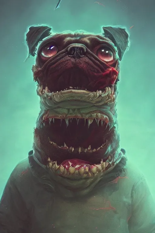 Image similar to demon pug eating flesh. art by mike winkelmann, sticker, illustration, highly detailed, artstation