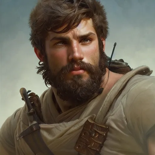 Image similar to portrait of a young rugged ranger, muscular, upper body, hairy thighs, D&D, fantasy, intricate, cinematic lighting, highly detailed, digital painting, artstation, concept art, smooth, sharp focus, illustration, art by Artgerm and Greg Rutkowski and Alphonse Mucha