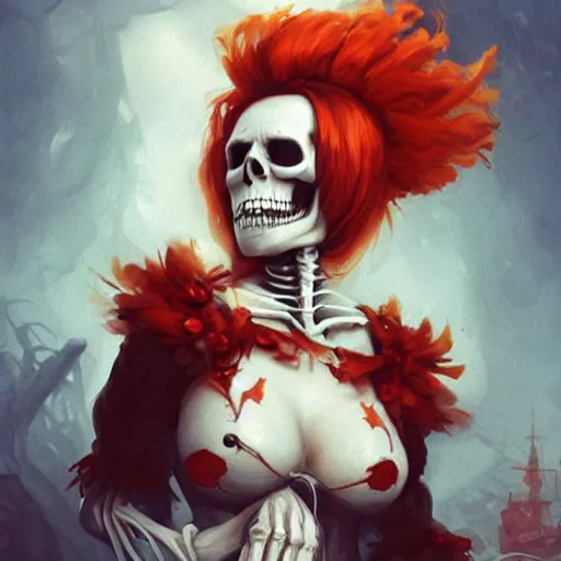 Prompt: cute & beautiful smug smiling undead skeleton girl with very attractive face and red hair dressed as a pirate, elegant, digital art, fullbody painting, fantasy, pixar style, painting, pin up, highly detailed, artstation, art by artgerm, vrubel, greg rutkowski, ilya kuvshinov, raymond swanland