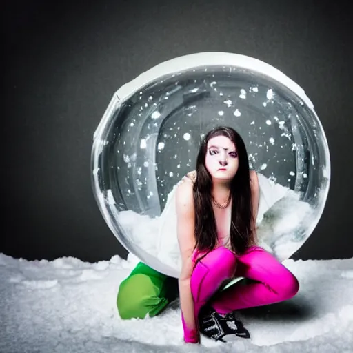 Image similar to a teenage emo girl squatting inside a giant snowglobe, editorial photography, in a photo studio