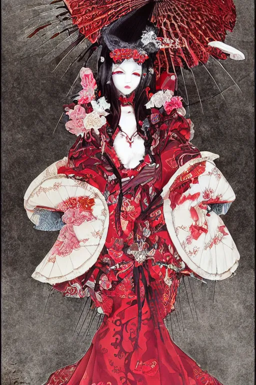 Image similar to avant - garde japanese bjd geisha vampire queen in victorian red dress in the style of dark - fantasy lolita fashion painted by yoshitaka amano, takato yamamoto, james jean, dmt art, symmetrical vogue face portrait, volumetrics, intricate detail, artstation, cgsociety, artgerm, gold skulls, rococo