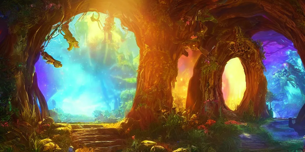 Image similar to fantasy world portal by Lisa Frank dramatic lighting, cinematic establishing shot, extremely high detail, photorealistic, cinematic lighting