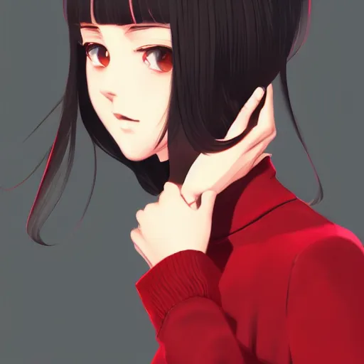 Image similar to anime girl in dark red turtleneck, black coat, elegant, 2d, ultra highly detailed, digital painting, smooth, sharp focus, artstation, portrait art by Ilya Kuvshinov